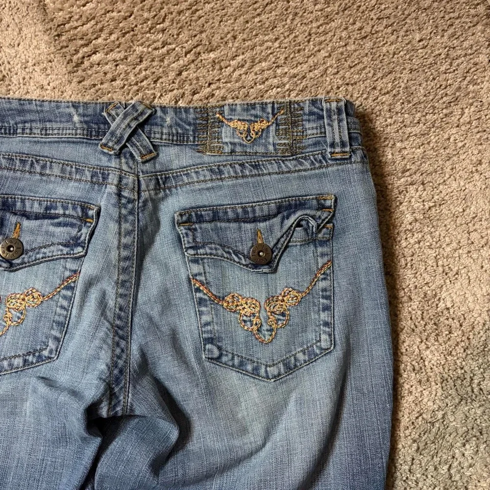 Lei Ashley Ultra Low Rise Denim Capri Jeans Blue Y2K Embroidered Pockets Size 15